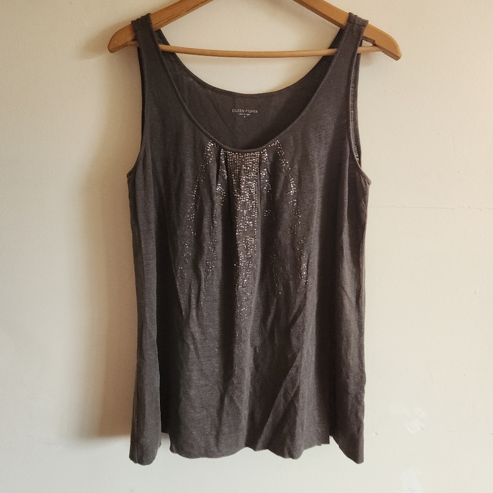 Eileen Fisher Linen Charcoal Gray Sleeveless Sequin Tank Top Tee Medium M
